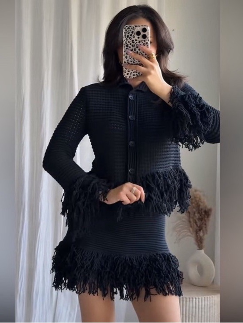 Zara Black Knit Mini Skirt with Fringe Hem